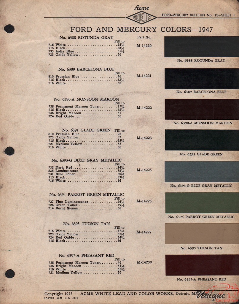 1947 Ford Paint Charts Acme